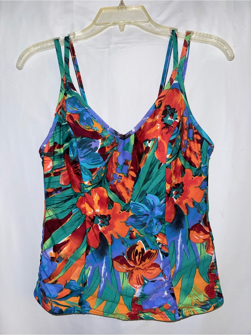 Miraclesuit Vibrant Tropical Floral V-Neck Double Strap Tankini Swim Top Size 14